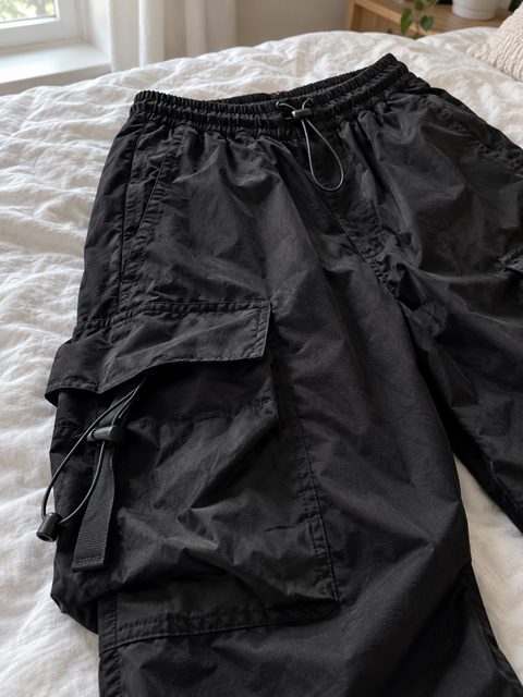 Close detail of the black parachute cargo fabric, pocket and drawstring