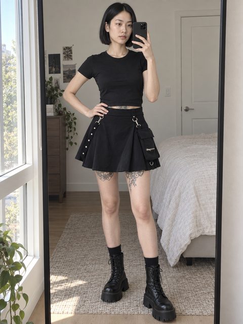 Black Pleated Techwear Mini Skirt — High Waist, Unworn, worn and shot at home, hands free