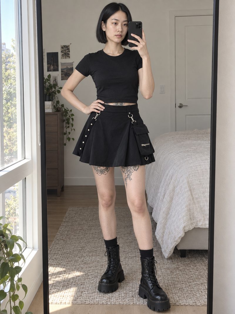Black Pleated Techwear Mini Skirt — High Waist, Unworn, worn and shot at home, hands free