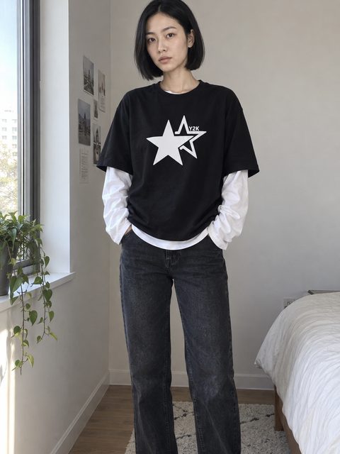 Black star-print tee layered over a white long sleeve, worn and shot at home, hands free